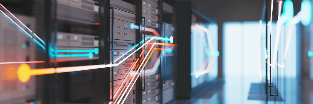 Electronic Data Interchange in freight forwarding A room with server devices on the left side through which colourful stripes are drawn.