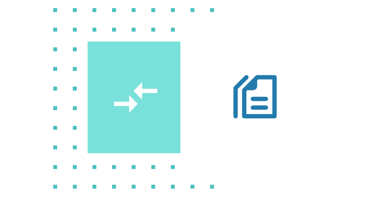 Zwei entgegengesetzte weiße Pfeile auf einem cyan-farbenen Hintergrund und ein minimalistisches blaues Dokumenten-Symbol.