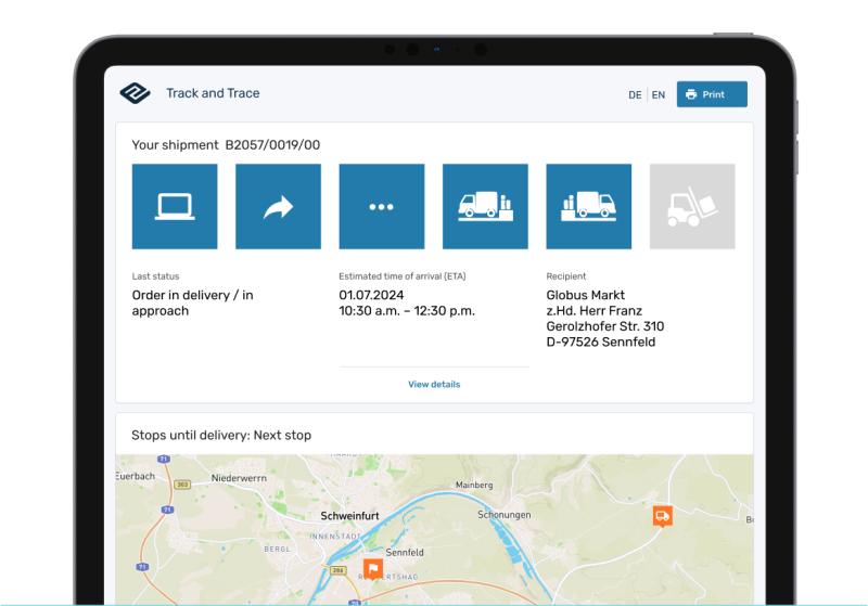 A screenshot showing the shipment status of a consignment. Below it is a map showing the planned arrival at the next stop.