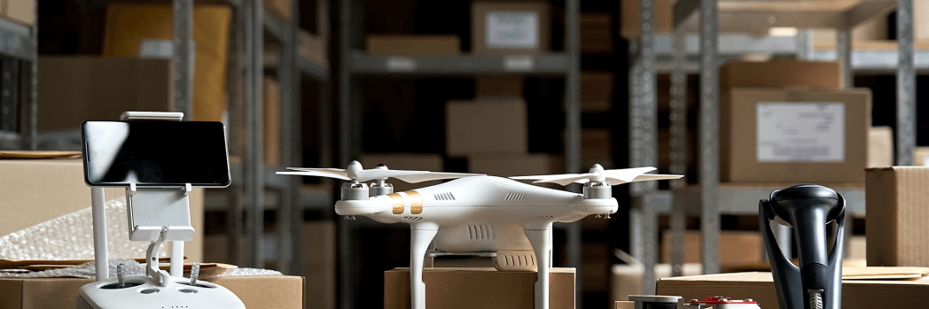 In a logistics warehouse, a delivery drone with a controller is lying on a table next to a scanner.