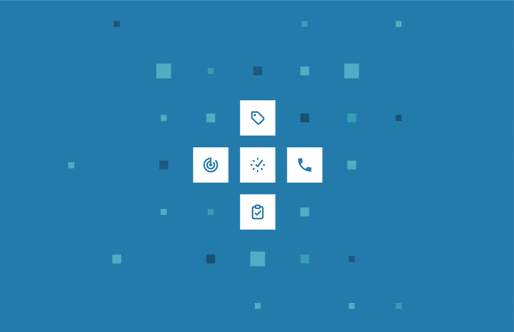 Shippers plan, control and monitor their distribution logistics with the EIKONA Logistics Cloud. Blue image with white and different blue squares representing the modules of the cloud.