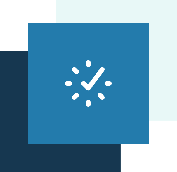 Notification defines important points in time in the delivery. Three blue squares and a white clock face on top.