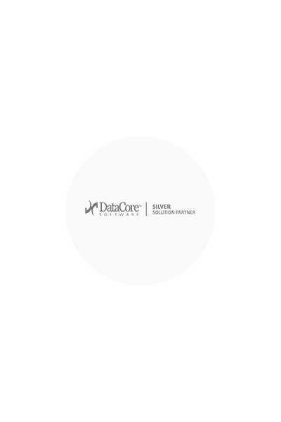 Ein dunkelgraues Logo DataCore auf hellgrauem Kreis.