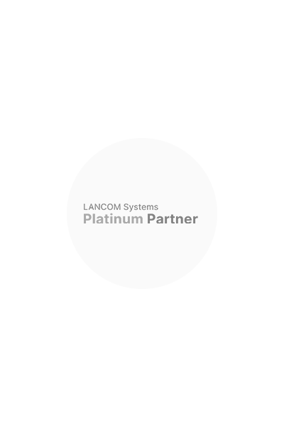 Ein dunkelgraues Logo LANCOM System Platinum Partner auf hellgrauem Kreis.